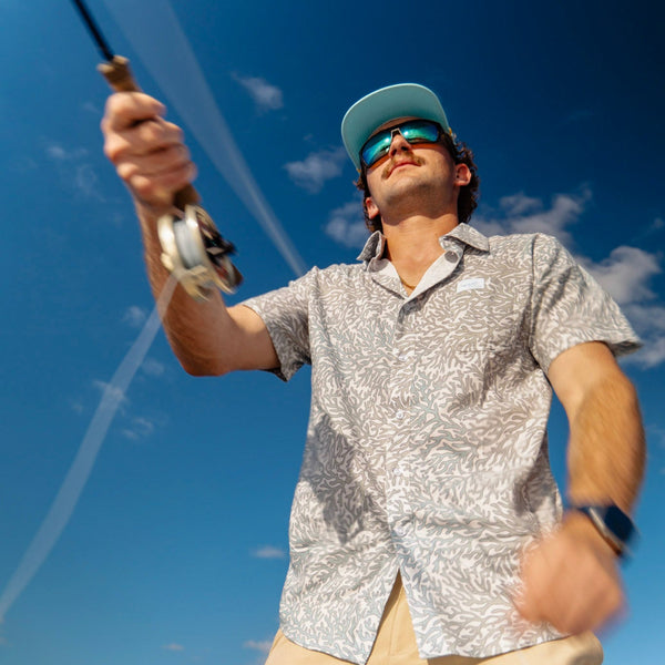 Coral Button Up Action Shot