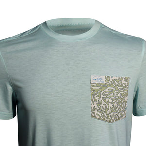 Light blue t-shirt with a pocket featuring a coral pattern on a white background