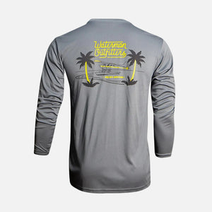 Gray long-sleeve shirt with palm tree design and 'Waterman Outfitters' text on the back, on a white background.