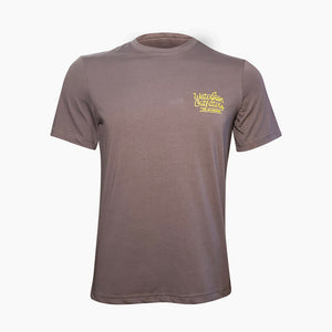 Gray t-shirt with yellow logo on a white background