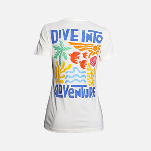 White t-shirt with colorful graphics and 'Dive Into Adventure' text on a white background