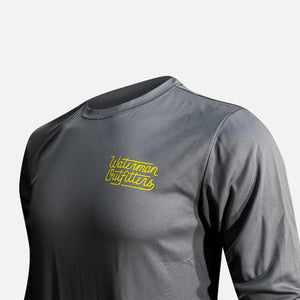 Gray long-sleeve shirt with yellow logo on a white background