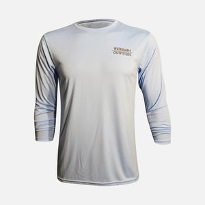 Gray long-sleeve shirt with 'Waterman Outfitters' logo on a white background