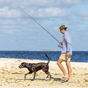 Man fishing on a beach with a dog by his side