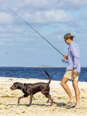 Man fishing on a beach with a dog by his side
