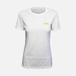 White t-shirt with a small logo on the chest against a white background