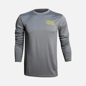 Gray long-sleeve shirt with yellow logo on a white background