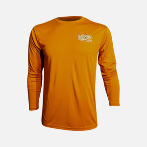 Orange long-sleeve shirt with a logo on a white background