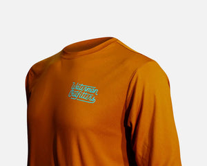 Orange long-sleeve shirt with 'Waterman Outfitters' logo on a white background