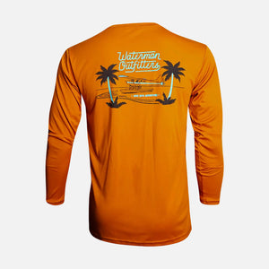 Orange long-sleeve shirt with palm tree and boat graphic on the back, on a white background.