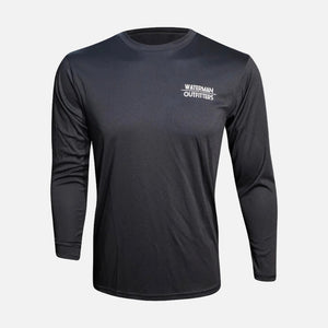 Black long-sleeve shirt with 'Waterman Outfitters' logo on a gray background