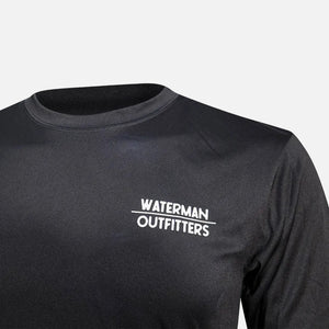 Black long-sleeve shirt with 'Waterman Outfitters' logo on a light gray background