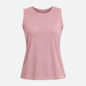 A sleeveless crewneck tank top in a heathered dusty rose pink color, shown on a clean white background.