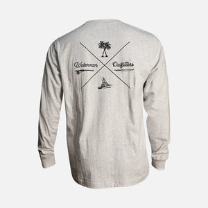 Gray long-sleeve shirt with black graphics and text on a white background