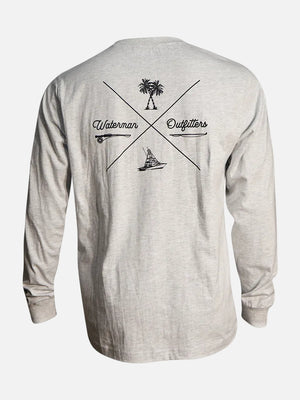 Gray long-sleeve shirt with black graphics and text on a white background