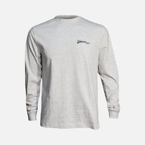 Gray long-sleeve shirt with a logo on a white background