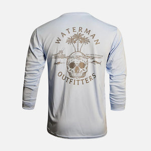 Long-sleeve shirt with 'Waterman Outfitters' logo and skull design on a white background