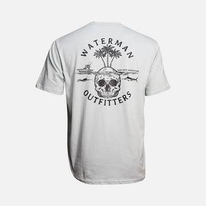 White t-shirt with black graphic design on a white background