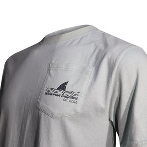 Gray t-shirt with a logo on the chest pocket against a white background