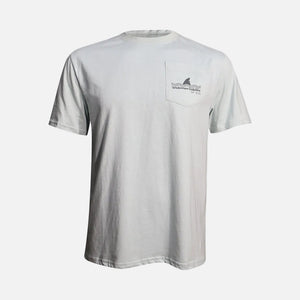 Gray t-shirt with a logo on the chest pocket against a white background