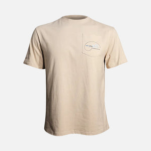 Beige t-shirt with a logo on the chest pocket against a white background