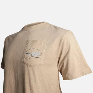 Beige t-shirt with a logo on the chest pocket against a white background