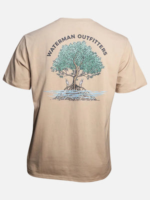 Beige t-shirt with a mangrove tree graphic and 'Waterman Outfitters' text on a white background