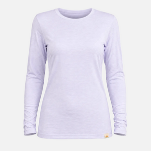 A light lavender long-sleeve crewneck shirt displayed on a ghost mannequin against a clean white background.