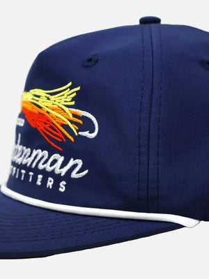 Blue cap with colorful logo and text on a white background