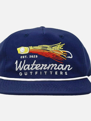 Blue cap with fishing lure design and 'Waterman Outfitters' text on a white background