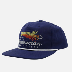 Navy blue cap with embroidered design and 'Waterman Outfitters' text on a white background
